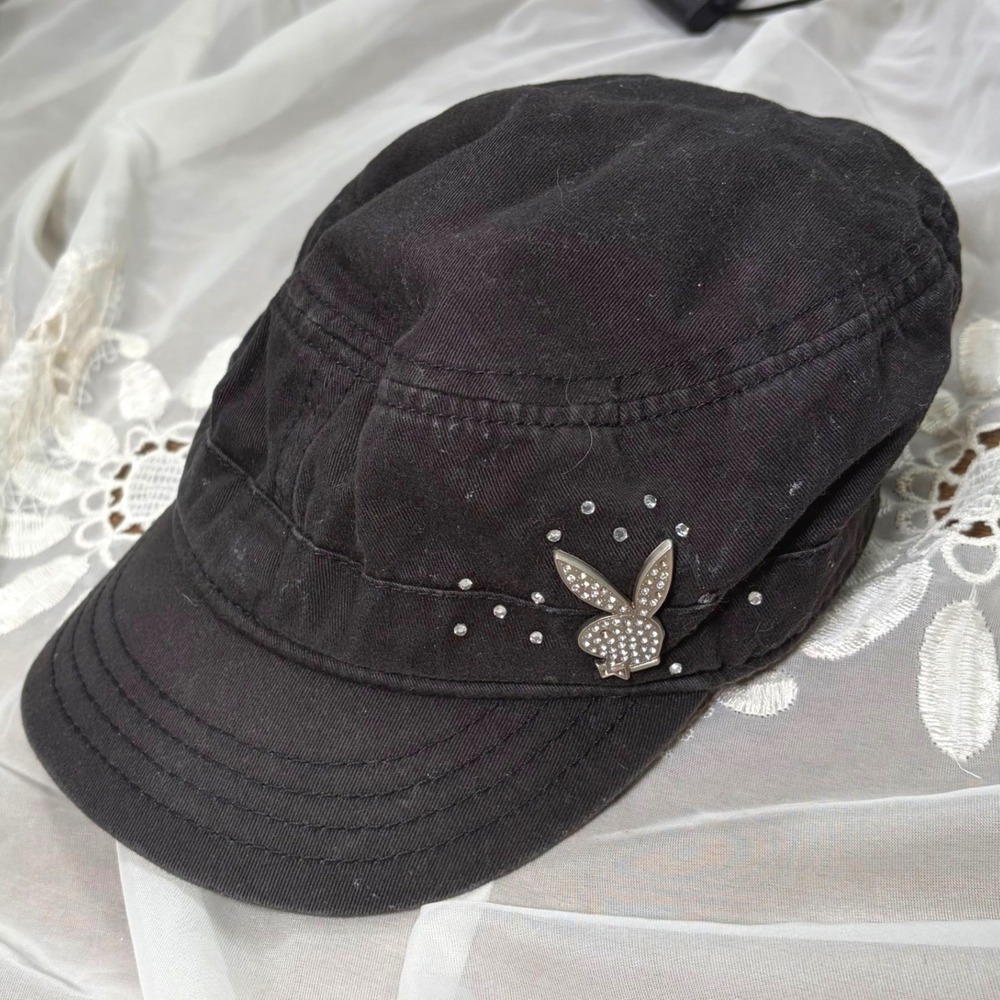 Y2K Mcbling Playboy Black Cotton Rhinestone Bunny Logo Cadet Military Hat Cap SM